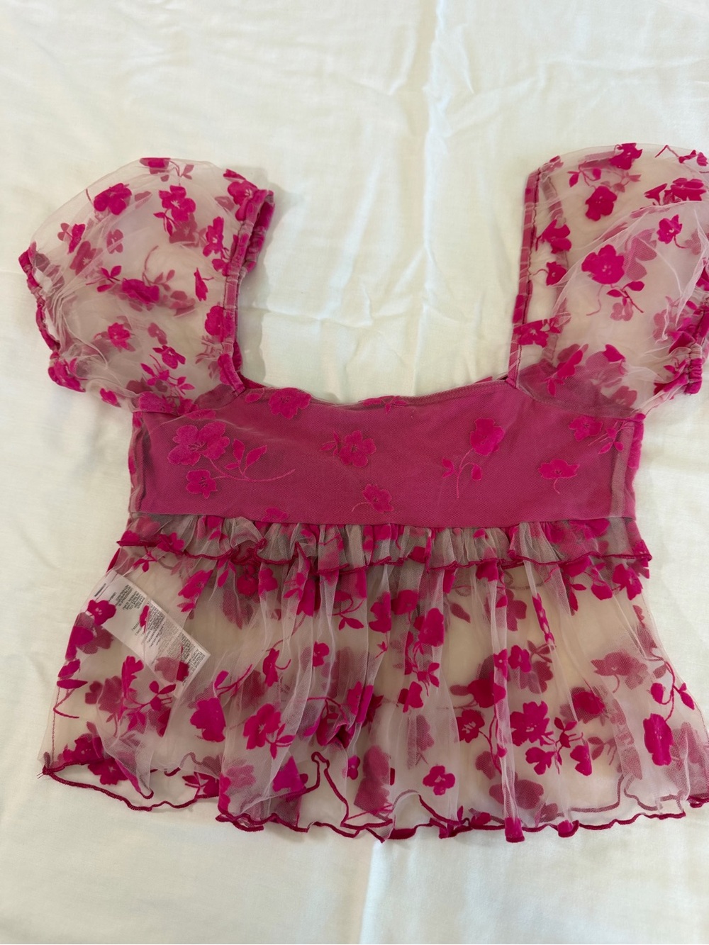 Kimchi Blue Girls Fuchsia Floral Mesh Puff Sleeve Top - Picture 2 of 3